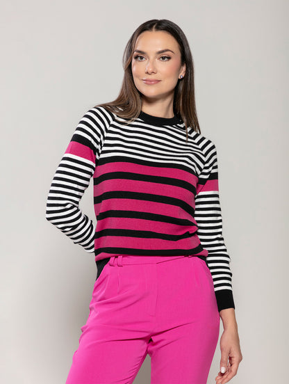 BLUSA URBANITY LISTRADA COM GOLA REDONDA E MANGAS DE CAVA RAGLÃ 10908