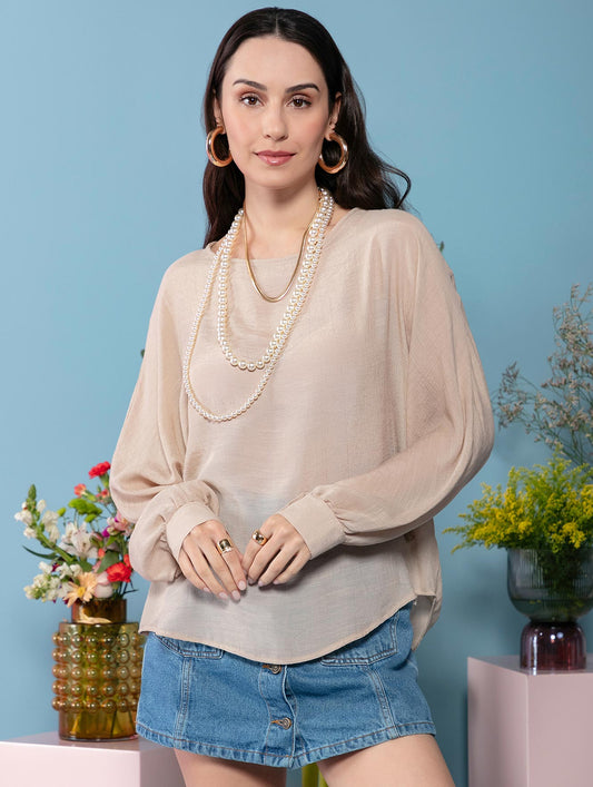 BLUSA BIAMAR EM TECIDO CHIFFON OVERSIZED DE GOLA REDONDA, PUNHOS COM DETALHE DE BOTÕES E BARRA ARREDONDADA 11268