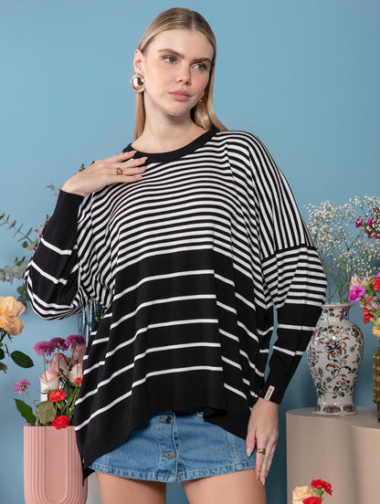 BLUSA BIAMAR OVERSIZED E MULLET LISTRADA COM MANGAS DE CAVA QUADRADA 11608